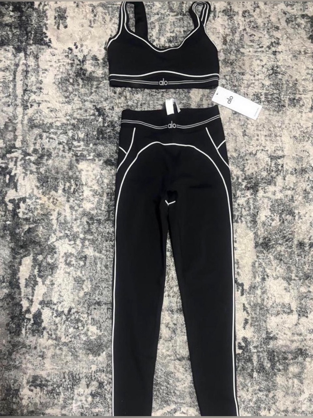 ALO Yoga Kids Black Leggings with White Piping Set